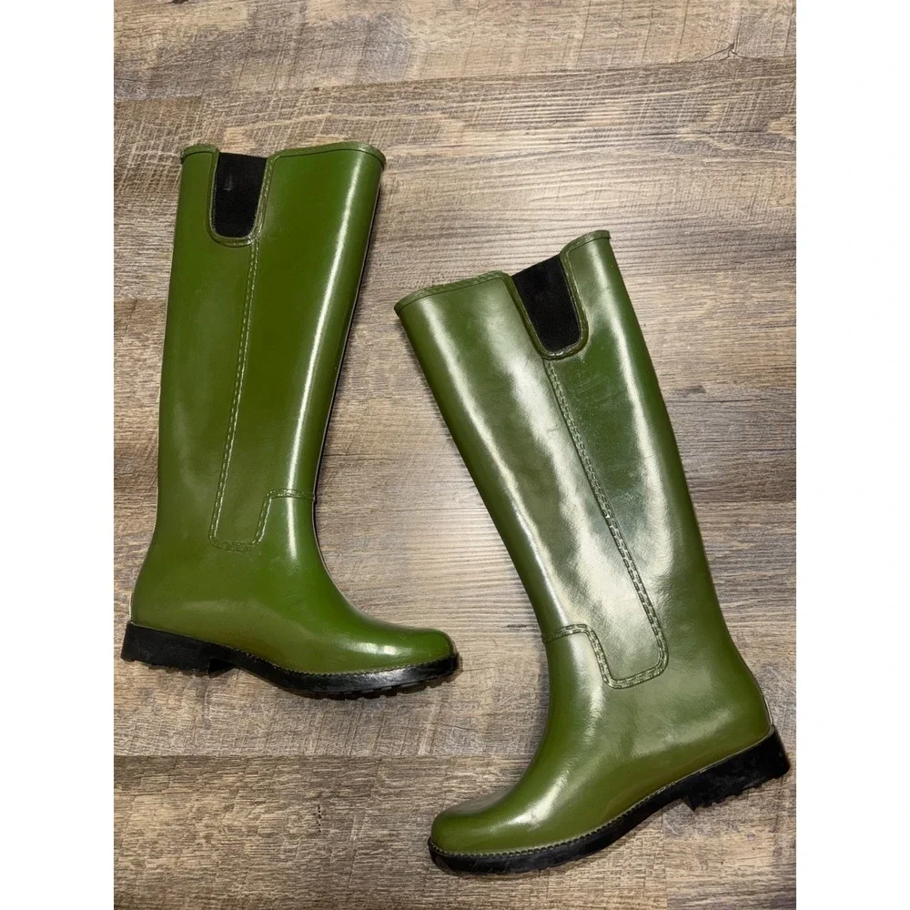 Michael Kors Womens Green Rubber Rain Boots Glossy Tall Lug Sole Size 6